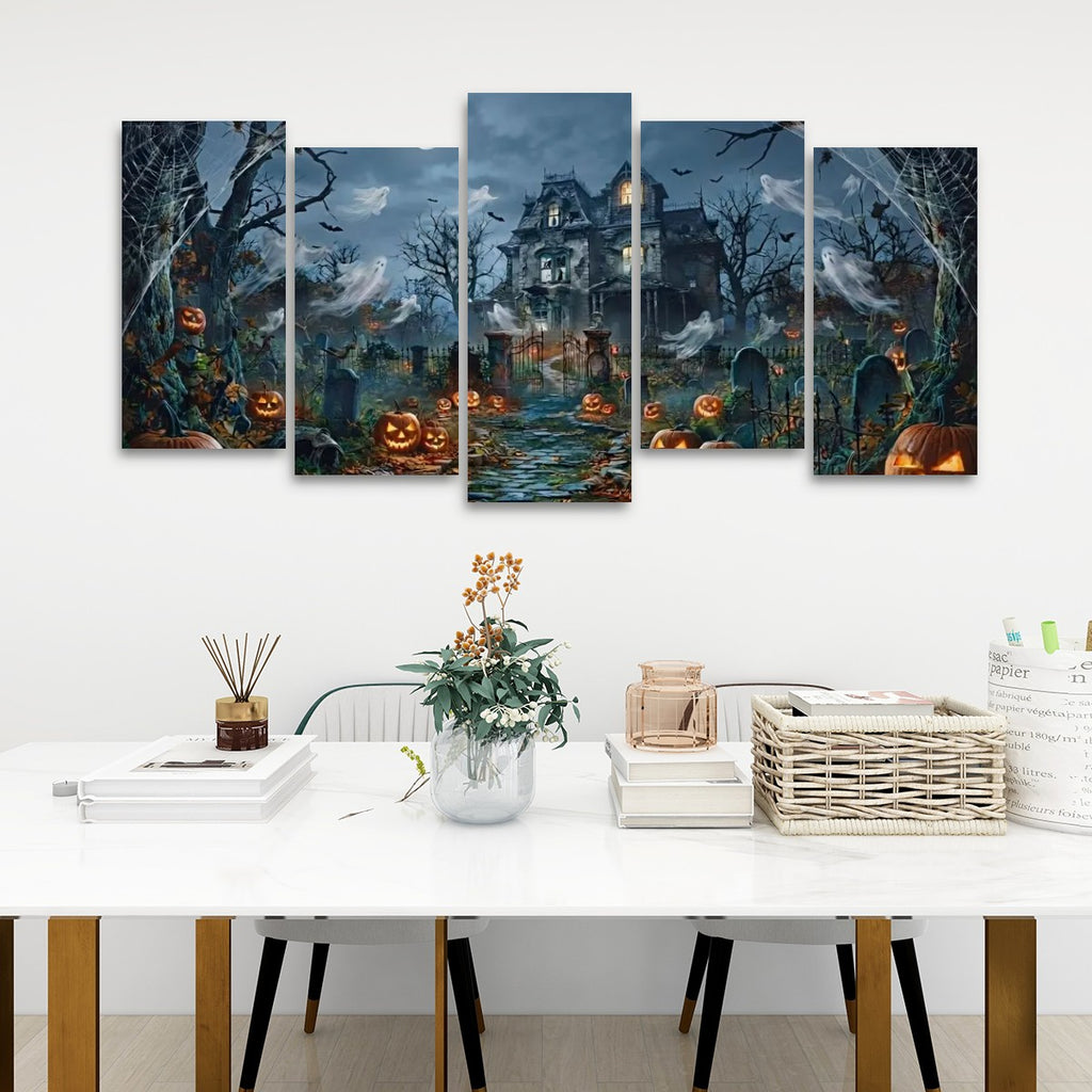 Halloween Haunted House Pumpkins & Moon — 5-Panel Level Canvas Wall Art