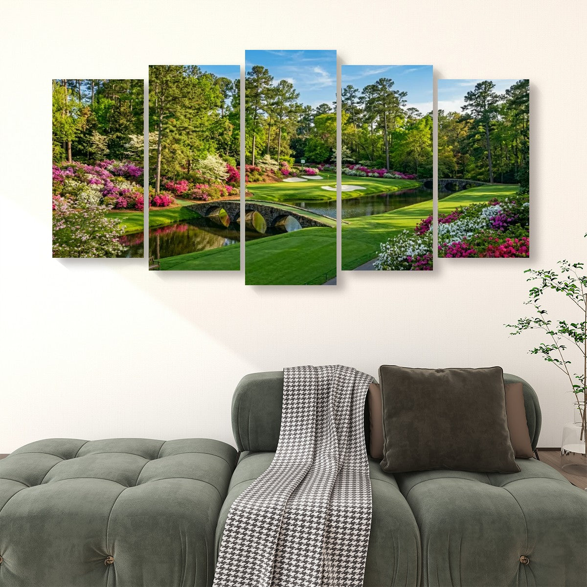 Georgia Golf Course Canvas Wall Art — Flowers, Water & Bridge Multi-Panel Print