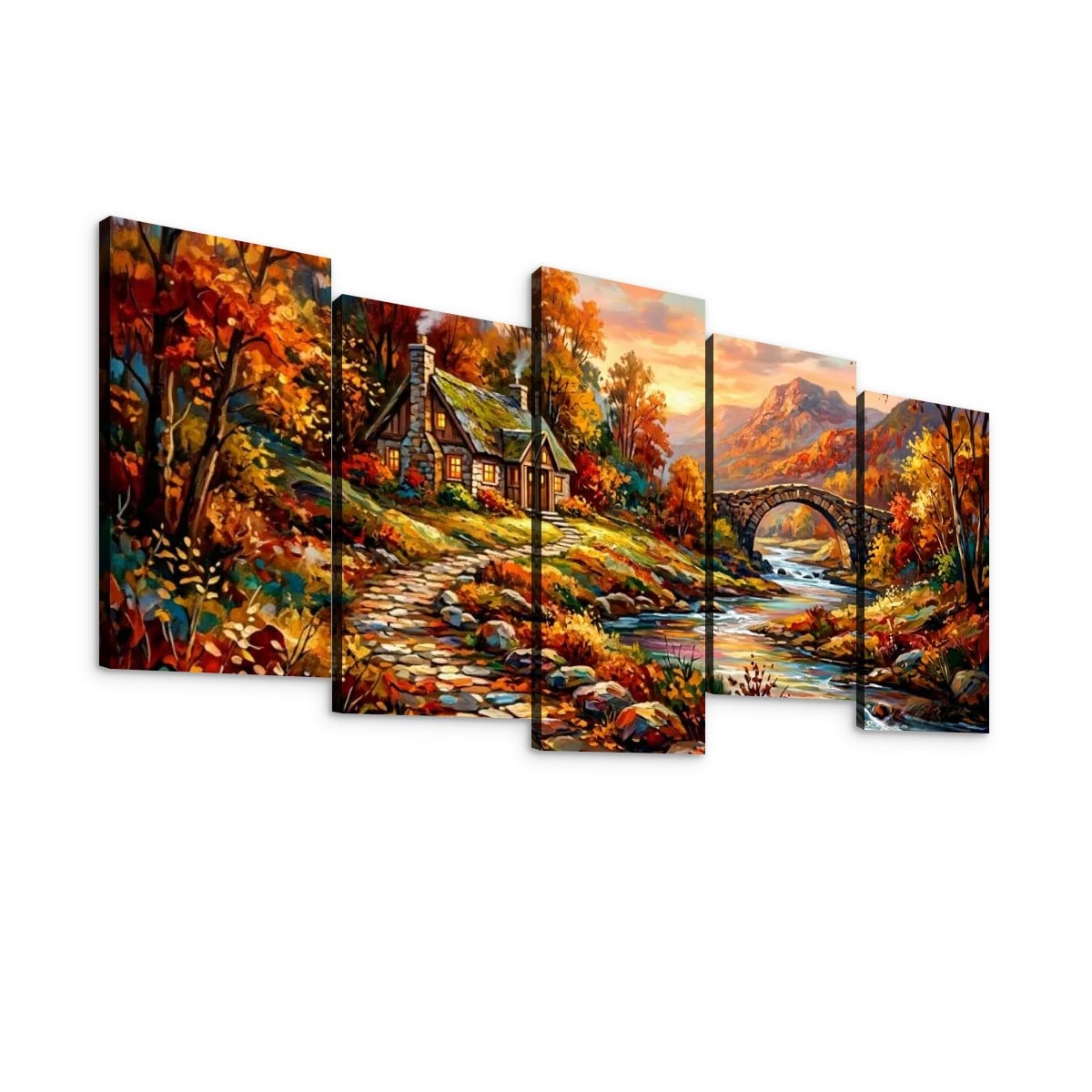 A five-panel canvas wall art set depicting a colorful autumn landscape with a cottage, stone bridge, flowing stream, and warm sunset sky, shown against a plain white background.