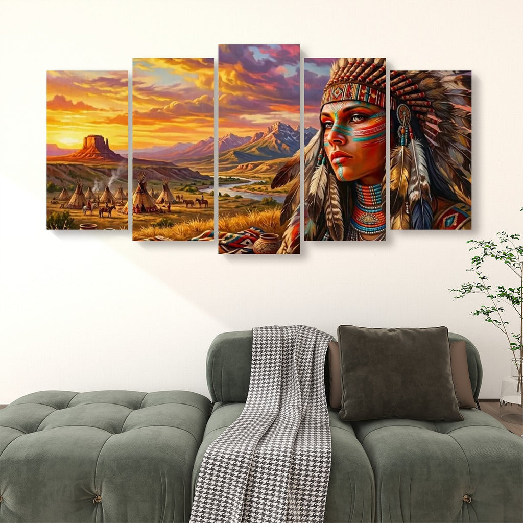 Native American Woman at Sunset | 1, 3, 5 Panel Canvas Wall Art