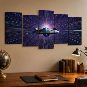 A five-panel canvas wall art set depicting a futuristic spaceship in a starburst space scene, displayed on a beige wall above a wooden desk with books, a lamp, and a globe.