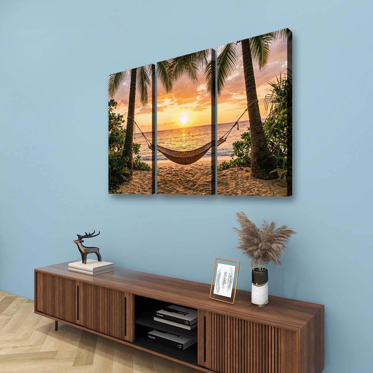 Hammock & Palm Trees Sunset Canvas Wall Art – Drift Into Sunset | 5-Panel Level Coastal Beach Print