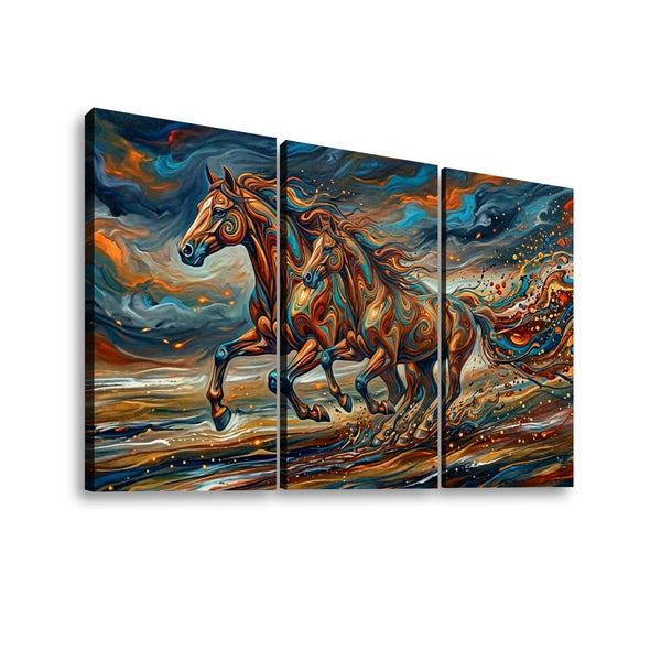 A three-panel canvas wall art set depicting two galloping horses in a dramatic, painterly scene with swirling blue, orange, brown, and gold tones, shown against a plain white background.