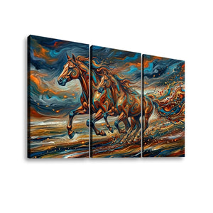 A three-panel canvas wall art set depicting two galloping horses in a dramatic, painterly scene with swirling blue, orange, brown, and gold tones, shown against a plain white background.
