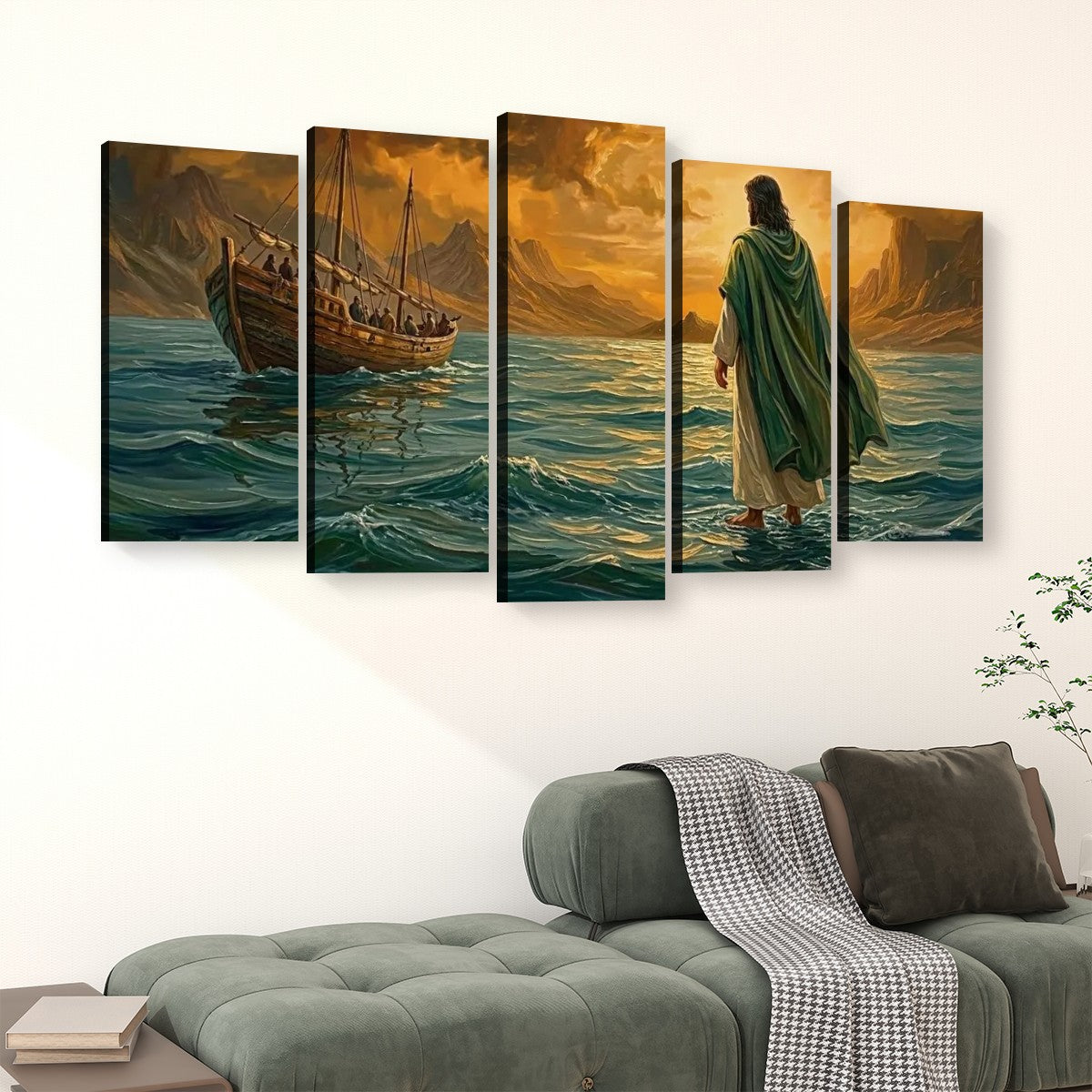 Jesus Walking on Water Stormy Seas Canvas Wall Art | 5-Panel Level & Diamond | 3 & 1 Panel