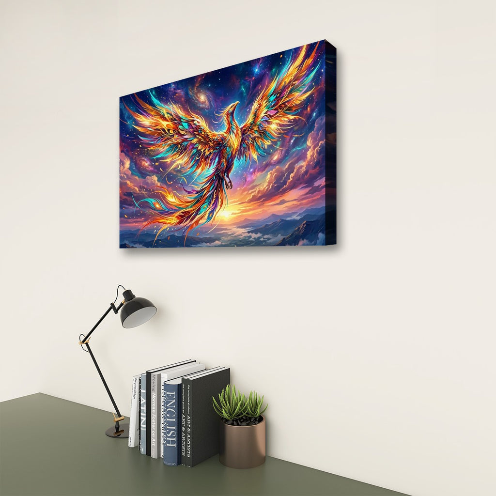 A square canvas wall art print featuring a glowing phoenix in vivid orange, gold, blue, and purple tones, displayed on a light beige wall above a desk with books, a small plant, and a black desk lamp.