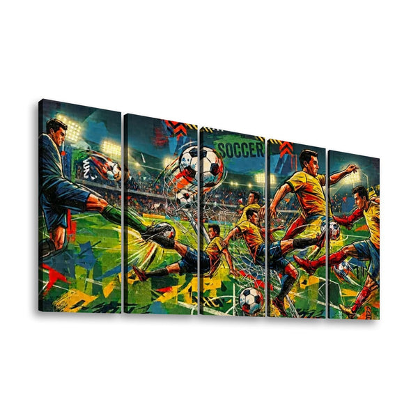 A five-panel canvas wall art set depicting a dynamic, colorful soccer match scene with players, balls, and stadium lights, shown against a plain white background.
