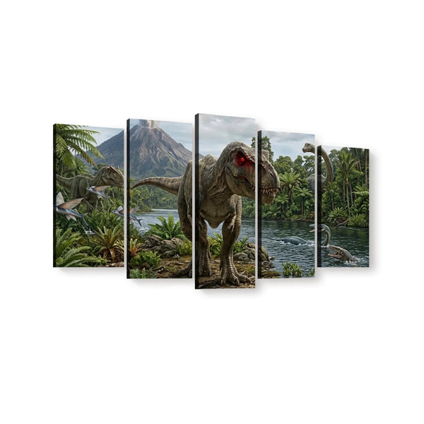 T-Rex & Carnivores Canvas Wall Art – Prehistoric Fury Dinosaur Print | 1, 3 & 5 Panel Kids & Game Room