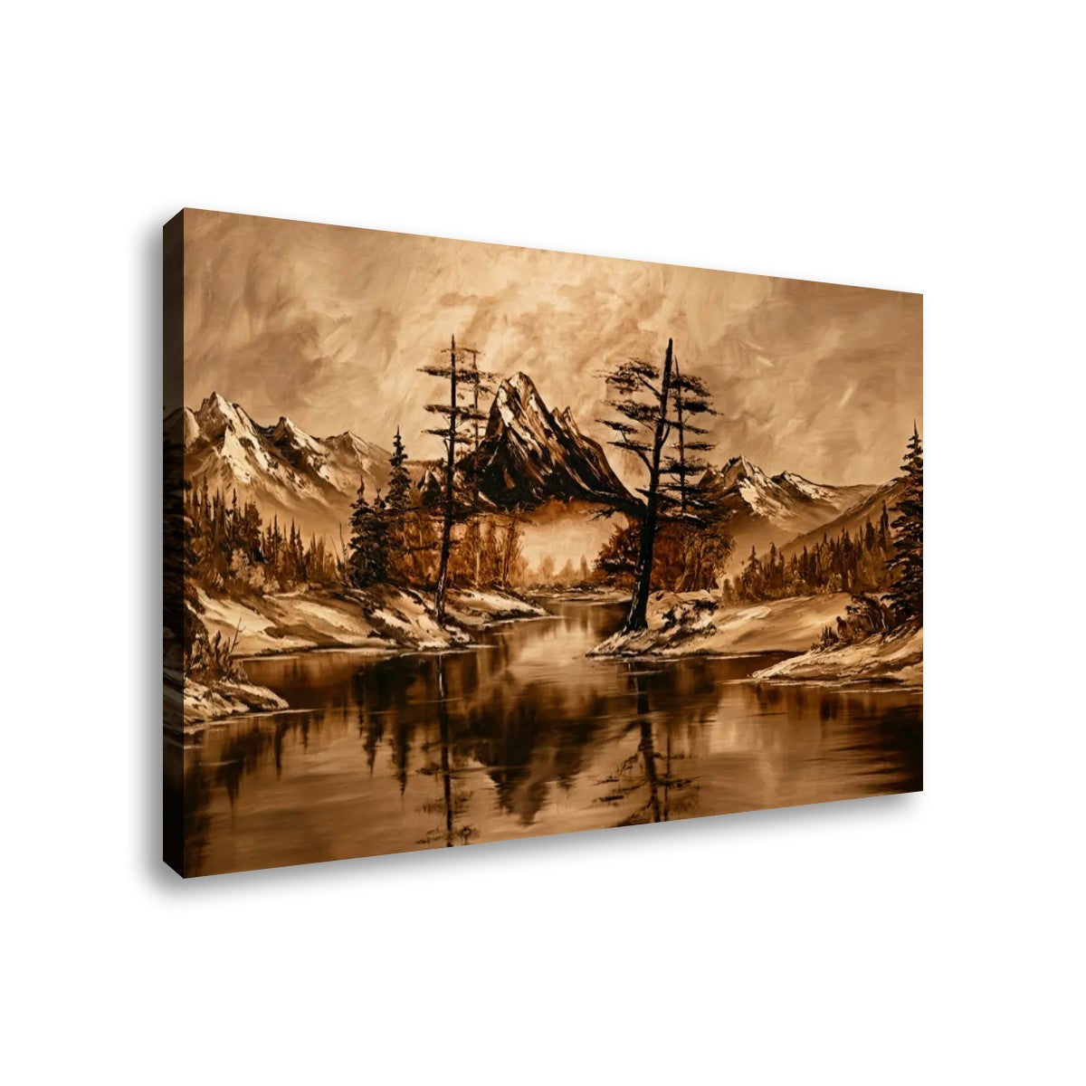A rectangular wall art canvas showing a sepia-toned mountain landscape with snowy peaks, dark trees, and a reflective river, photographed against a plain white background.