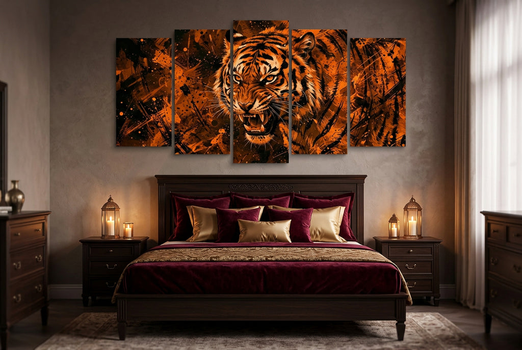 Abstract Tiger Canvas Split Panel Wall Art – Orange & Black 5-Panel Level