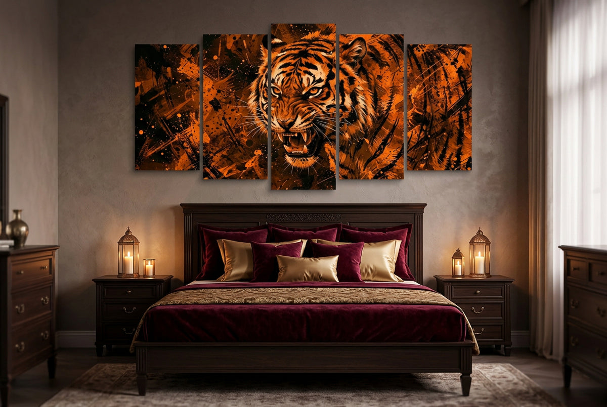 Abstract Tiger Canvas Split Panel Wall Art – Orange & Black 5-Panel Level