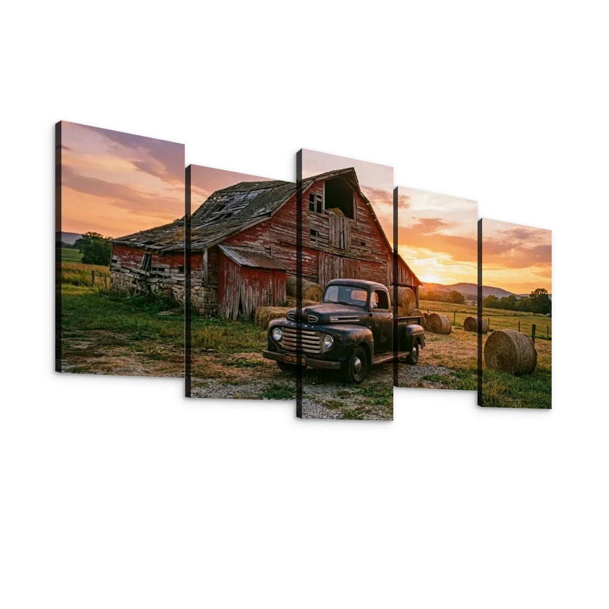 Ford F1 Patina Truck Canvas Wall Art – Old Barn Sunset | 1, 3 & 5 Panel Classic Truck Print