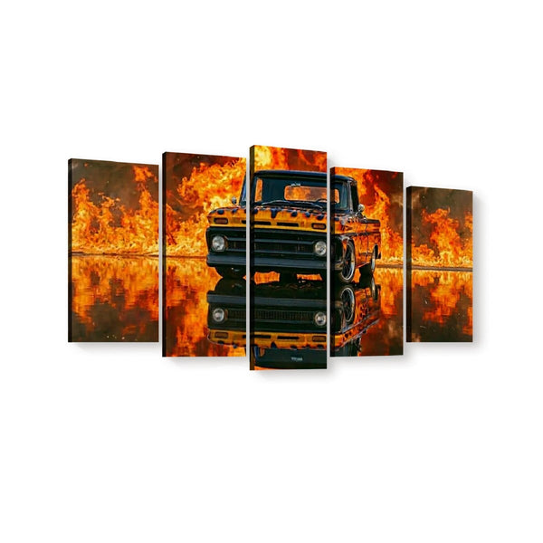 A five-panel canvas wall art set depicting a black vintage 1966 Chevy C10 Fleetside pickup truck surrounded by bright orange flames, with the truck reflected in dark water below, shown against a plain white background.