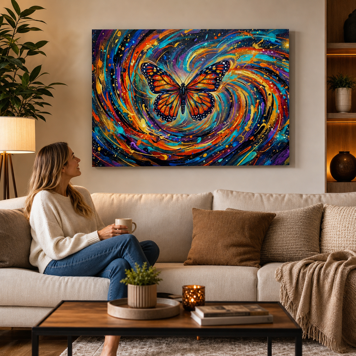 Monarch Butterfly Cosmic Vortex Canvas Wall Art | 1, 3 & 5-Panel Print | Colorful Abstract Butterfly Décor | Gallery-Wrapped