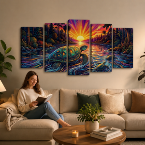 A woman sits on a beige sofa reading a book in a living room, with a large five-panel canvas wall art piece above the couch. The artwork depicts a colorful sea turtle swimming in glowing blue and purple water at sunset, with a bright yellow sunburst and pink, orange, and purple sky.