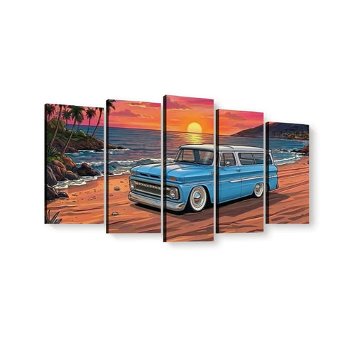 A five-panel canvas wall art set depicting a classic light blue 1966 Chevy Suburban station wagon parked on a sandy beach at sunset, with ocean waves, palm trees, and a glowing sun in the sky.