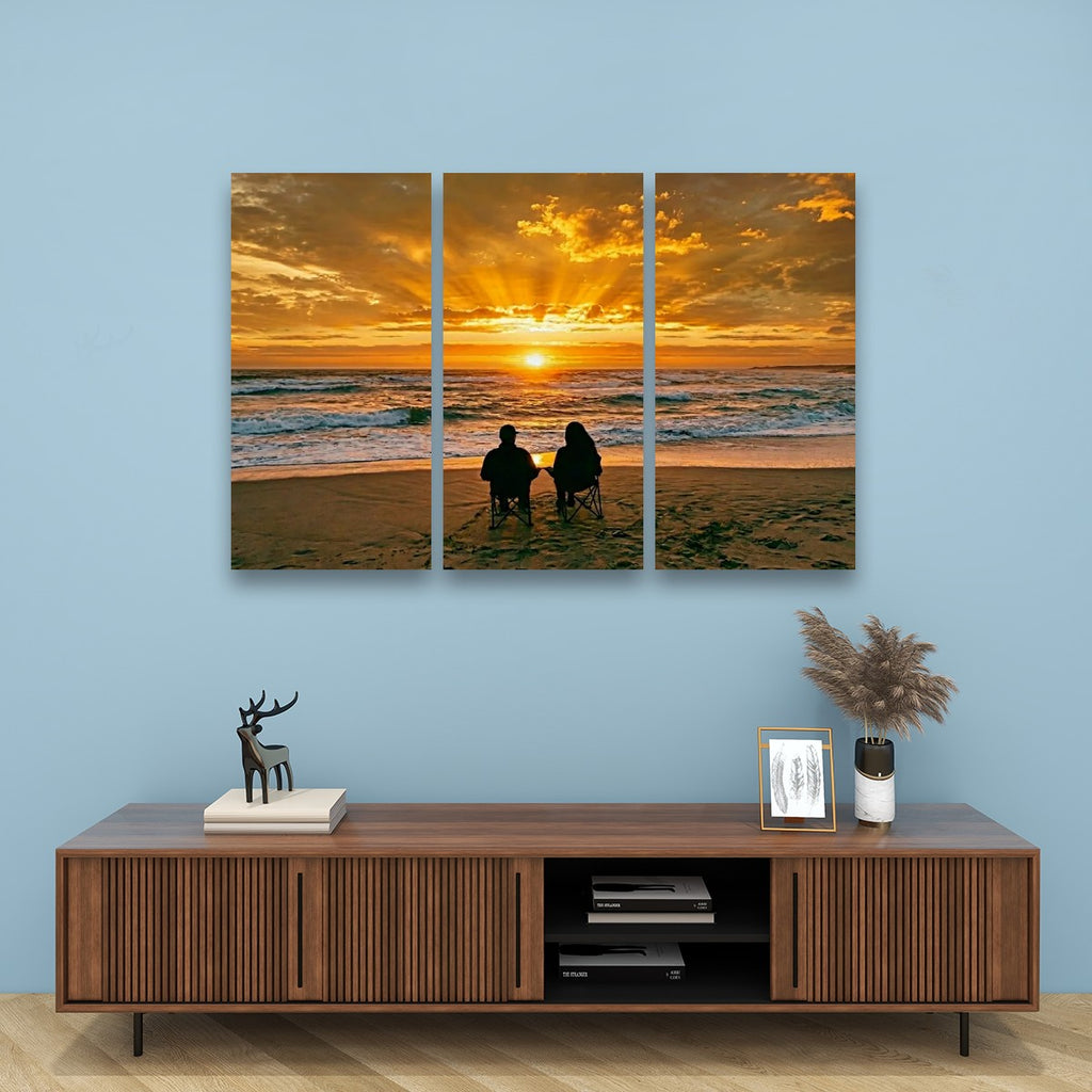 Sunset Surf Couple on the Beach Canvas Wall Art – Romantic Coastal Scene | 5-Panel Level Print