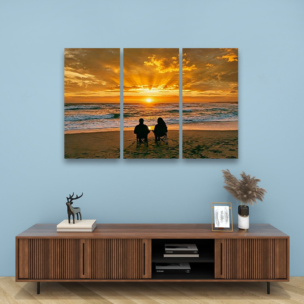 Sunset Surf Couple on the Beach Canvas Wall Art – Romantic Coastal Scene | 5-Panel Level Print