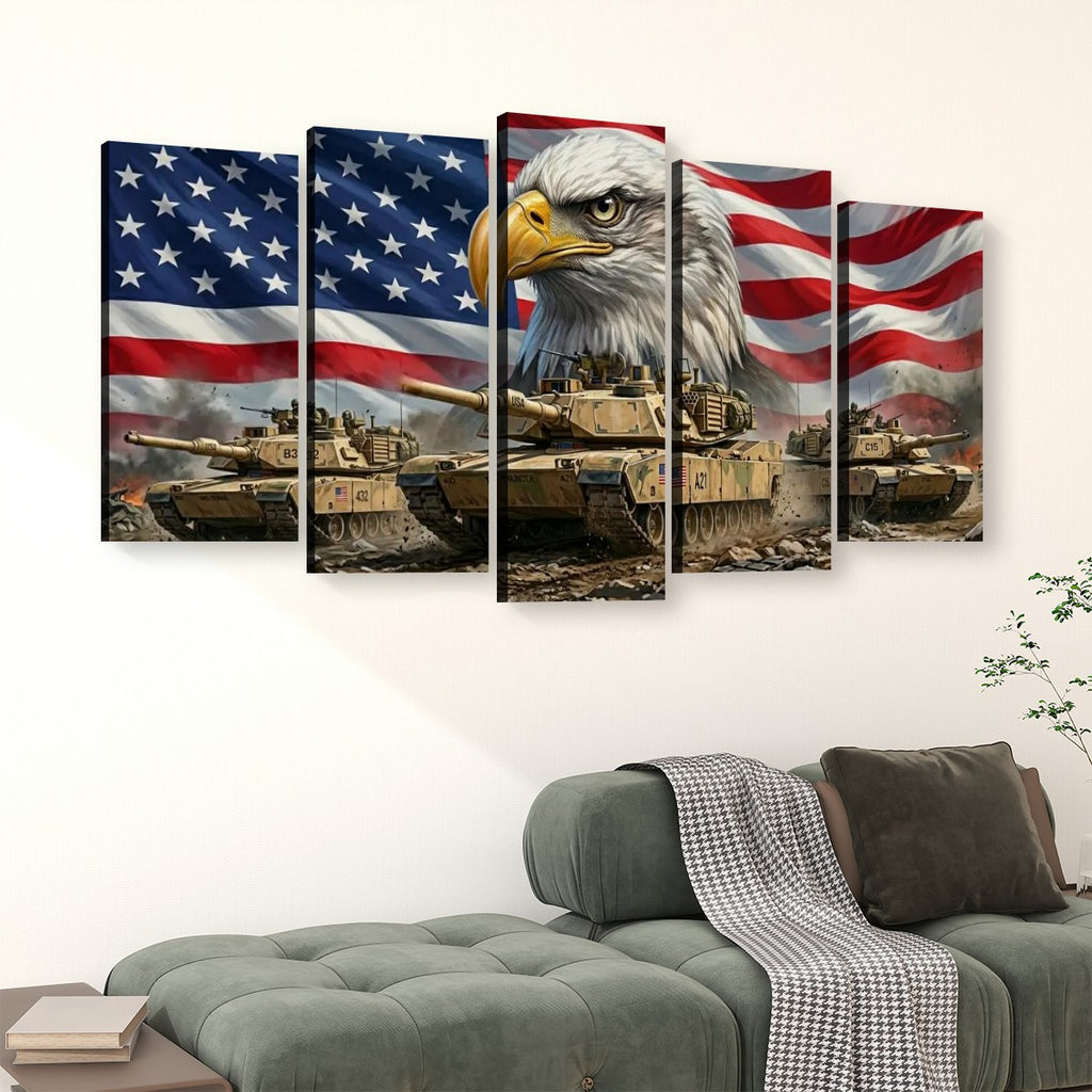 US American Flag Bald Eagle Army Tanks Military Split Canvas Panel Wall Art 1, 3, 5 Panel