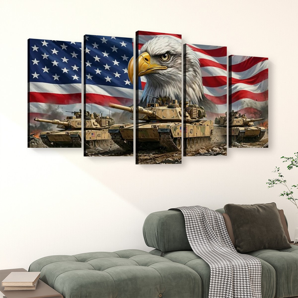 US American Flag Bald Eagle Army Tanks Military Split Canvas Panel Wall Art 1, 3, 5 Panel