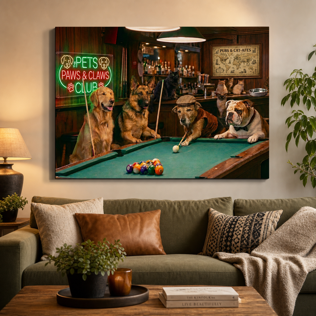 A large rectangular wall art print hanging above a sofa in a living room. The artwork shows four dogs playing pool in a bar scene, with a neon sign reading 'Pets Paws & Claws Club' and a green pool table as the central subject.