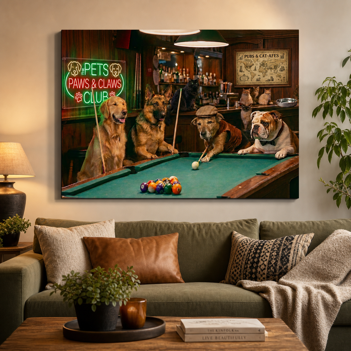 A large rectangular wall art print hanging above a sofa in a living room. The artwork shows four dogs playing pool in a bar scene, with a neon sign reading 'Pets Paws & Claws Club' and a green pool table as the central subject.