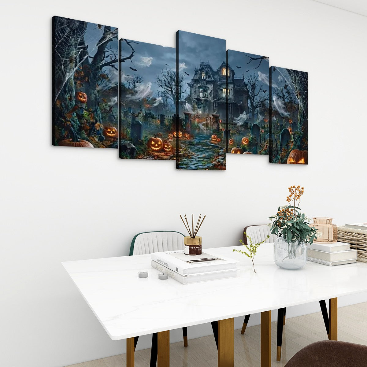 Halloween Haunted House Pumpkins & Moon — 5-Panel Level Canvas Wall Art
