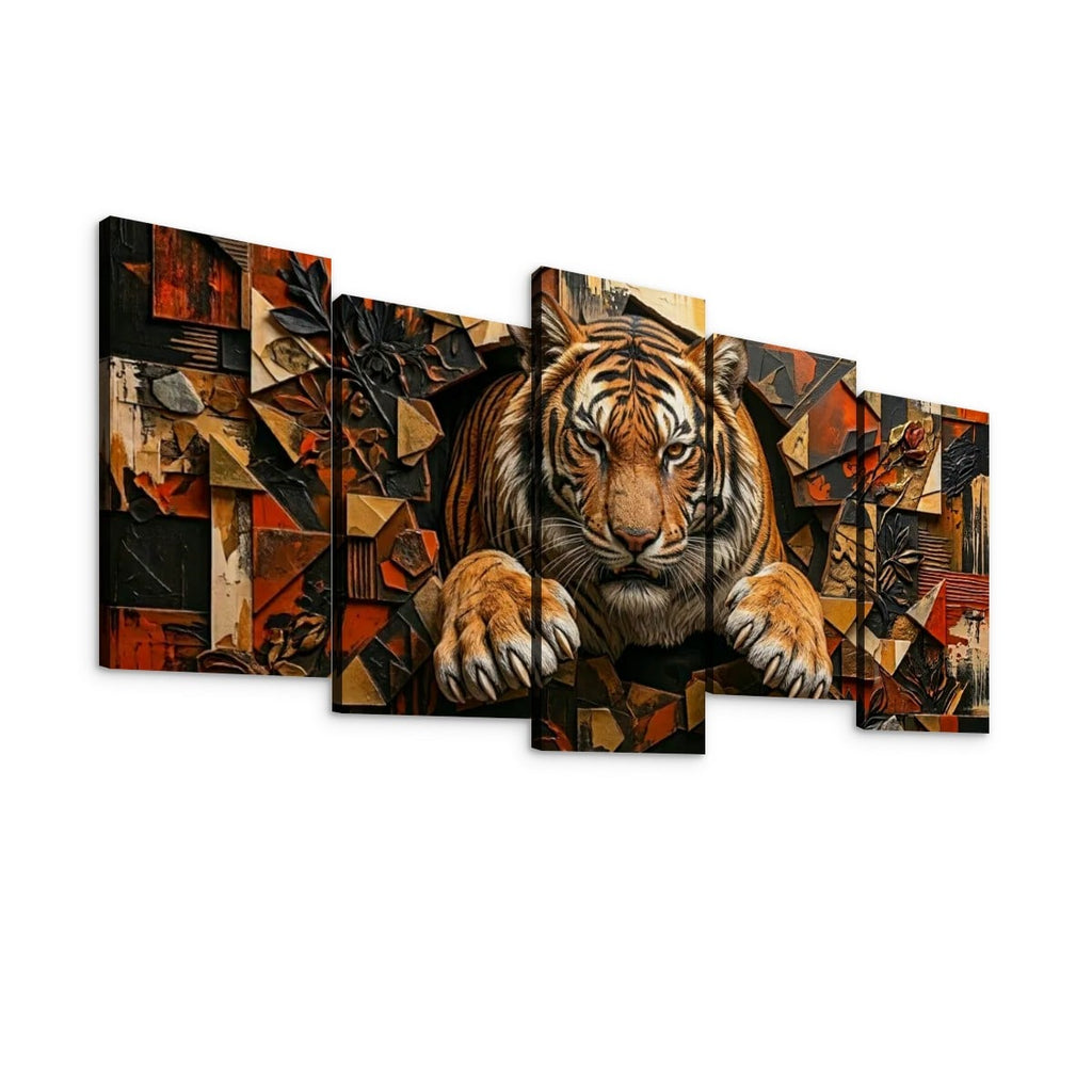 A multi-panel canvas wall art set depicting a tiger bursting through an abstract geometric background in warm brown, orange, black, and beige tones, shown against a plain white wall.