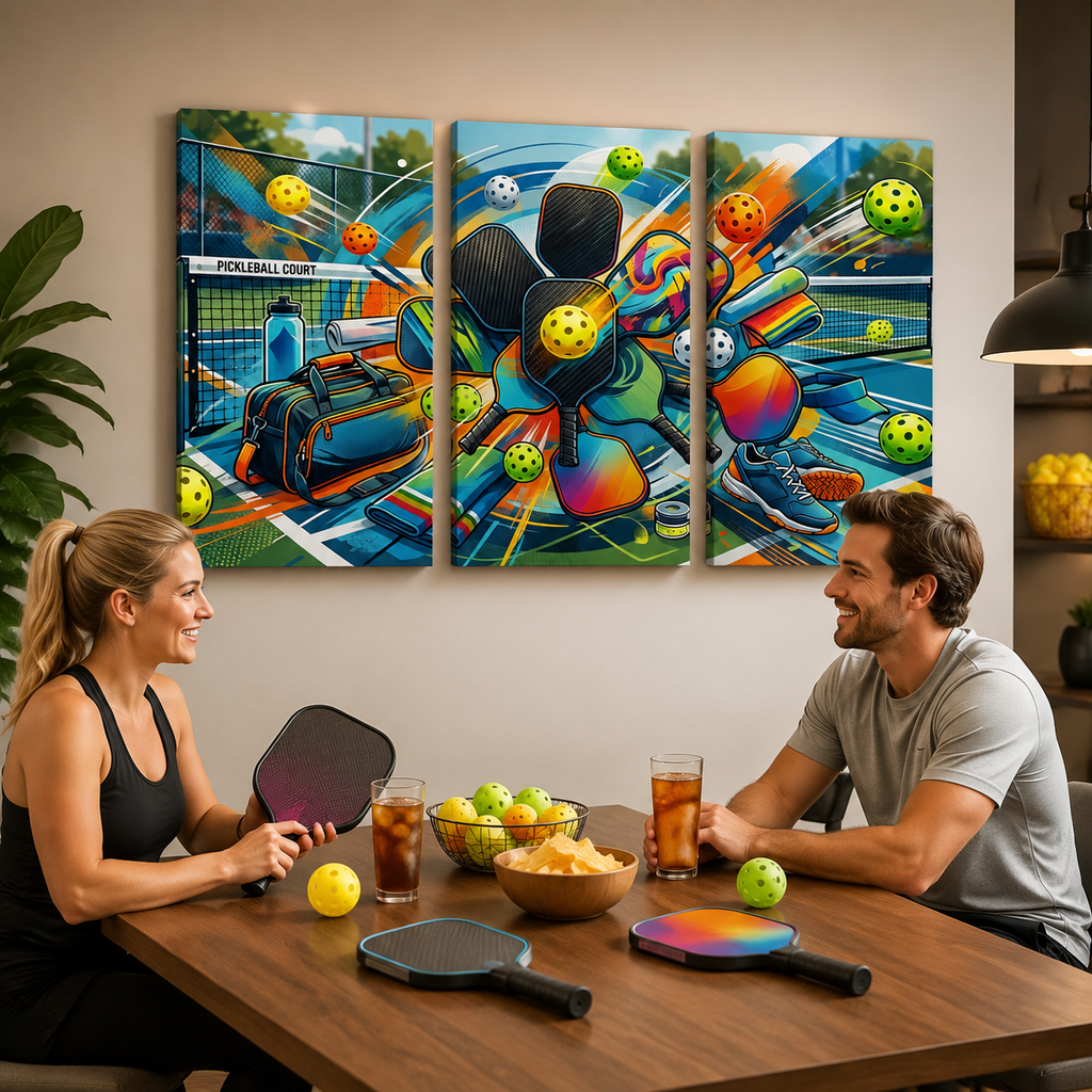 A couple sits at a wooden dining table in a modern kitchen setting, holding colorful pickleball paddle-shaped items. Above them, a three-panel canvas wall art print depicts a vibrant, graffiti-style illustration of a pickleball court with players, balls, and sports gear.