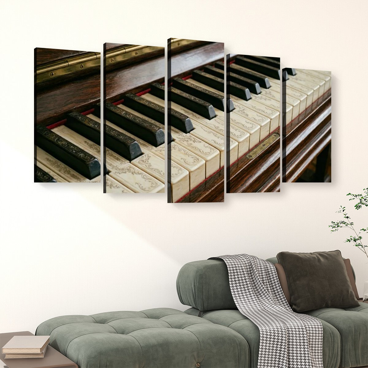 A five-panel canvas wall art set depicting a close-up of piano keys and wooden piano structure, displayed above a green sofa in a living room setting.