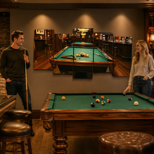 A man and a woman stand on either side of a pool table in a dimly lit bar or lounge, with a large wall mirror above the table reflecting the pool game. The room has warm ambient lighting, wooden furniture, and bar stools.