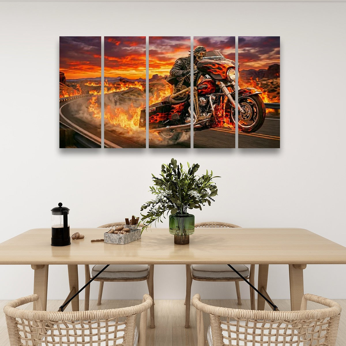 Dead Man's Ride – Skeleton Bagger Wheelie 5-Panel Canvas Wall Art