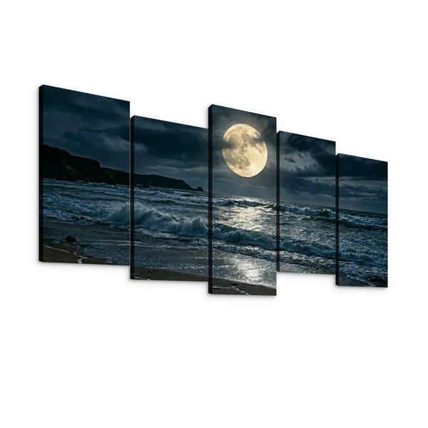Gulf Moon Reflection Canvas Wall Art – Moonlit Beach Night Scene | 1, 3 & 5 Panel Coastal Print