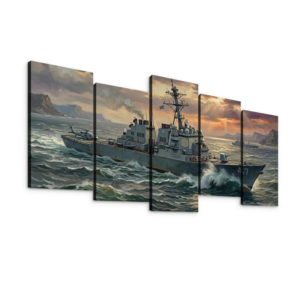 Warship Battling Rough Seas Canvas Wall Art – Storm Fury | 5-Panel  Military Naval Print
