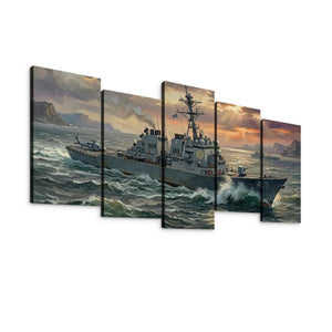 Storm Fury – Warship Battling Rough Seas 5-Panel Canvas Wall Art