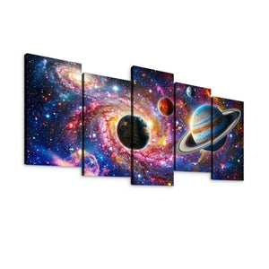 A five-panel canvas wall art set depicting a colorful outer space scene with planets, stars, and nebulae on a white background.