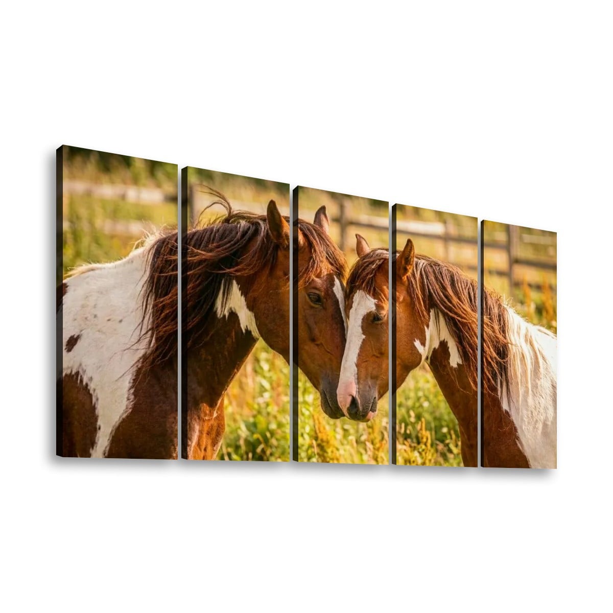 A five-panel canvas wall art set depicting two brown and white horses standing in a sunlit field, shown against a plain white background.