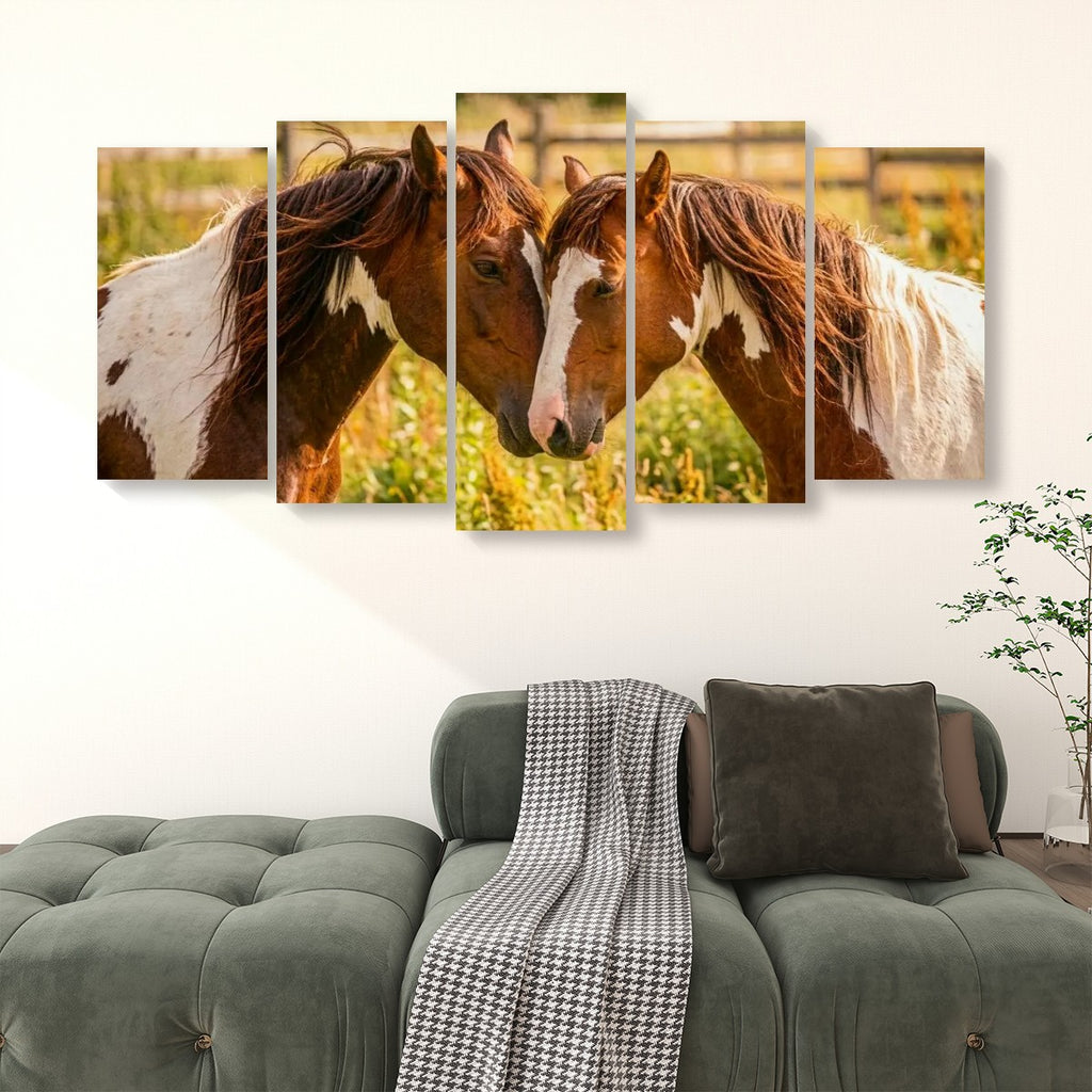 Loving Horses Pasture - 1, 3 , 5 Canvas Panel Wall Art Wall Decor Print