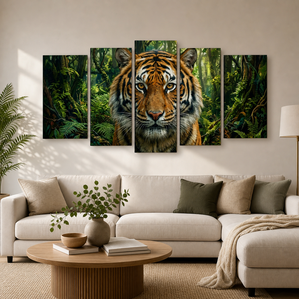 A five-panel canvas wall art set depicting a close-up tiger face in a lush green forest, displayed above a modern beige sofa in a styled living room.