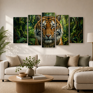 A five-panel canvas wall art set depicting a close-up tiger face in a lush green forest, displayed above a modern beige sofa in a styled living room.