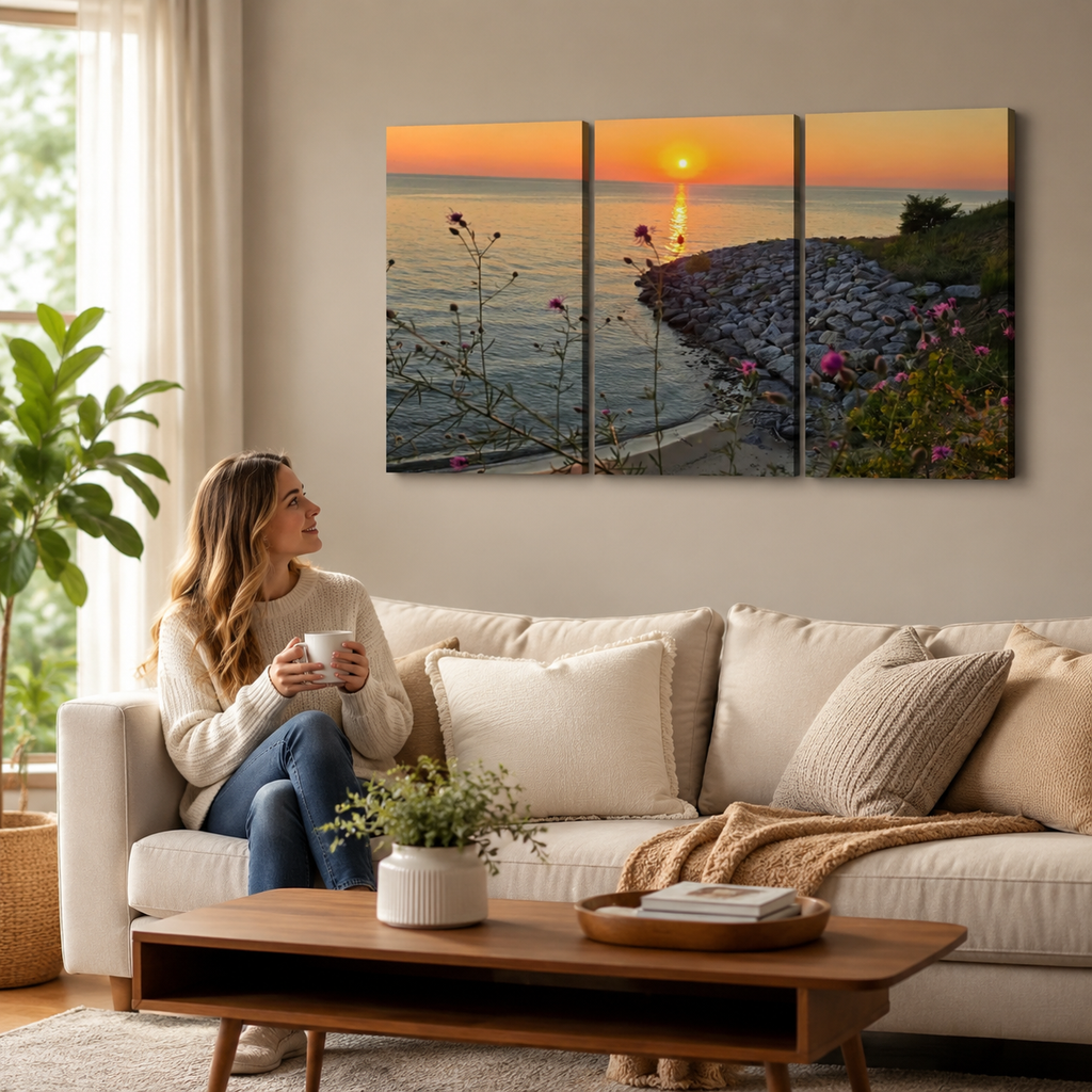 Lake Michigan Sunset Canvas Wall Art | 1, 3 & 5 Panel Coastal Landscape Print
