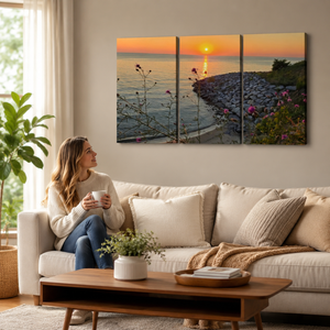 Lake Michigan Sunset Canvas Wall Art – Looking Over a Bluff | 1, 3 & 5 Panel Coastal Landscape Print