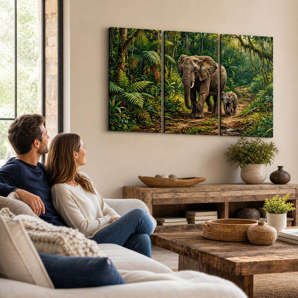 Elephant & Calf Jungle Canvas Wall Art | 1, 3 & 5-Panel Multi-Panel Print | Wildlife Nature Wall Décor | Gallery-Wrapped