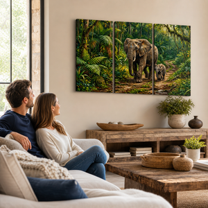 Elephant & Calf Jungle Canvas Wall Art | 1, 3 & 5-Panel Multi-Panel Print | Wildlife Nature Wall Décor | Gallery-Wrapped