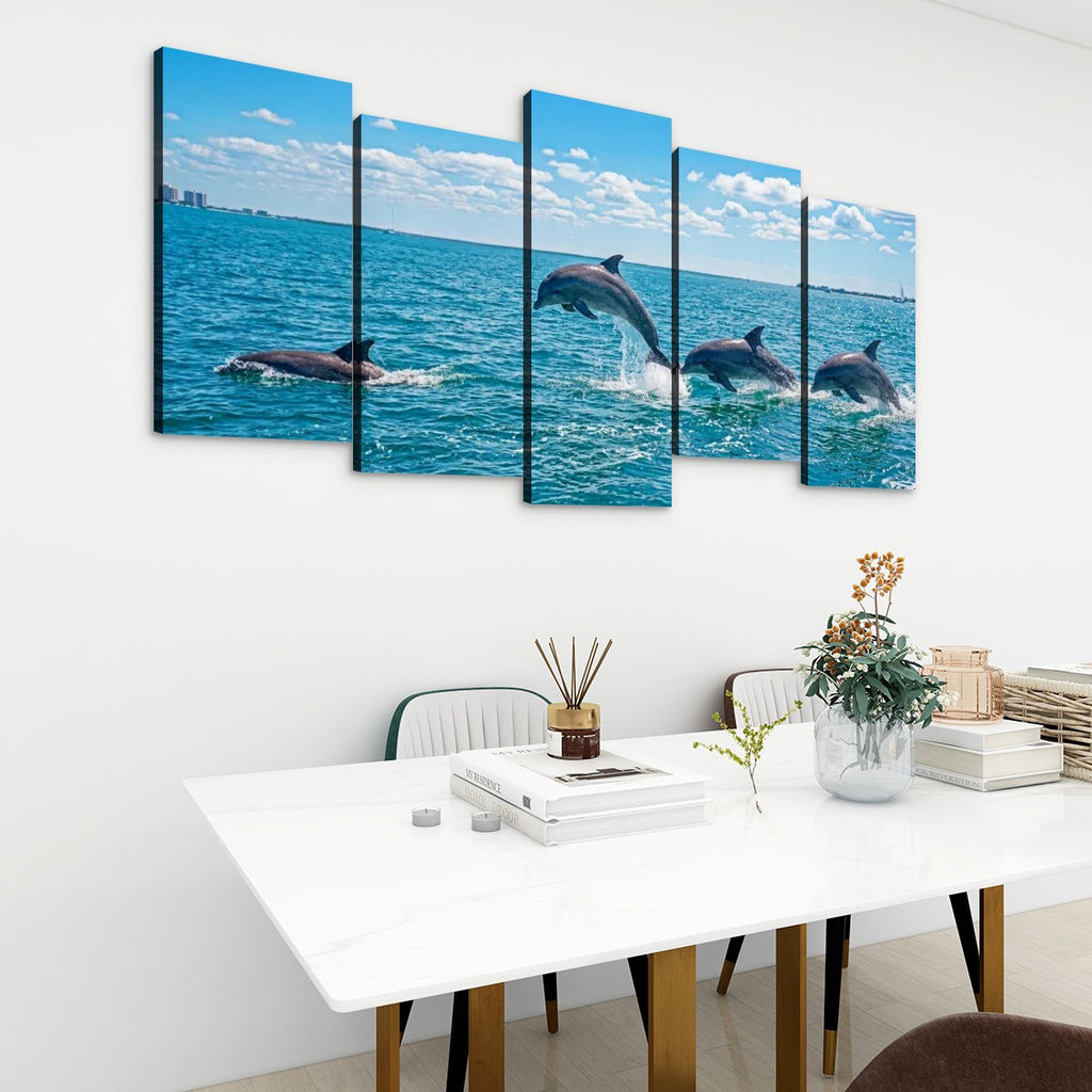 Dolphins Jumping, Breaching, Porpoising in the Gulf of Mexico Canvas Wall Art — Single & Multi-Panel Prints
