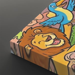 A close-up angled view of a colorful illustrated art print or canvas showing cartoon-style animals, including a lion and a blue bird, on a dark gray background.