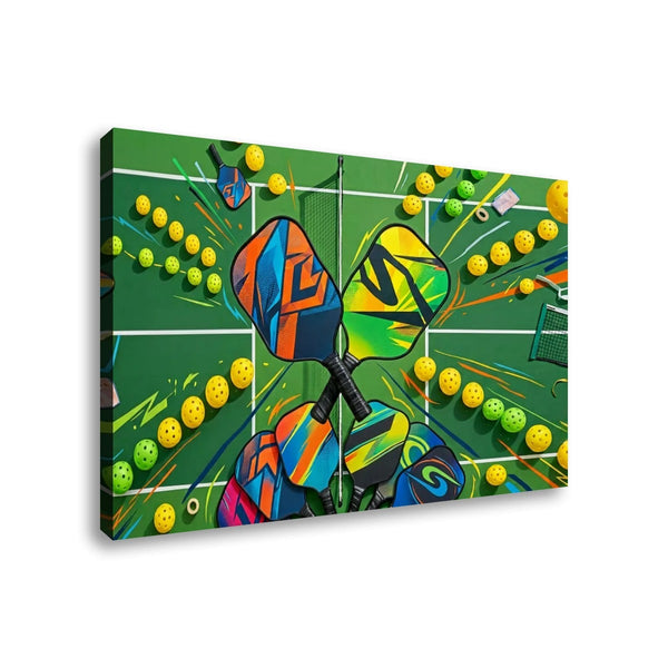 A square canvas wall art print depicting a colorful dartboard scene with vibrant darts and yellow dart balls on a green board, shown at an angle against a plain white background.