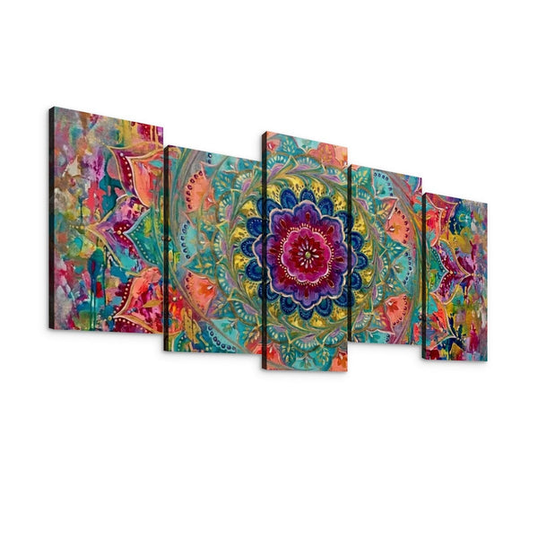 A five-panel canvas wall art set featuring a colorful abstract mandala design with turquoise, pink, purple, orange, and yellow tones, displayed against a plain white background.