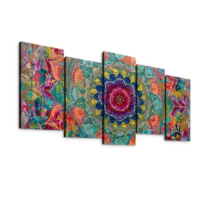 A five-panel canvas wall art set featuring a colorful abstract mandala design with turquoise, pink, purple, orange, and yellow tones, displayed against a plain white background.