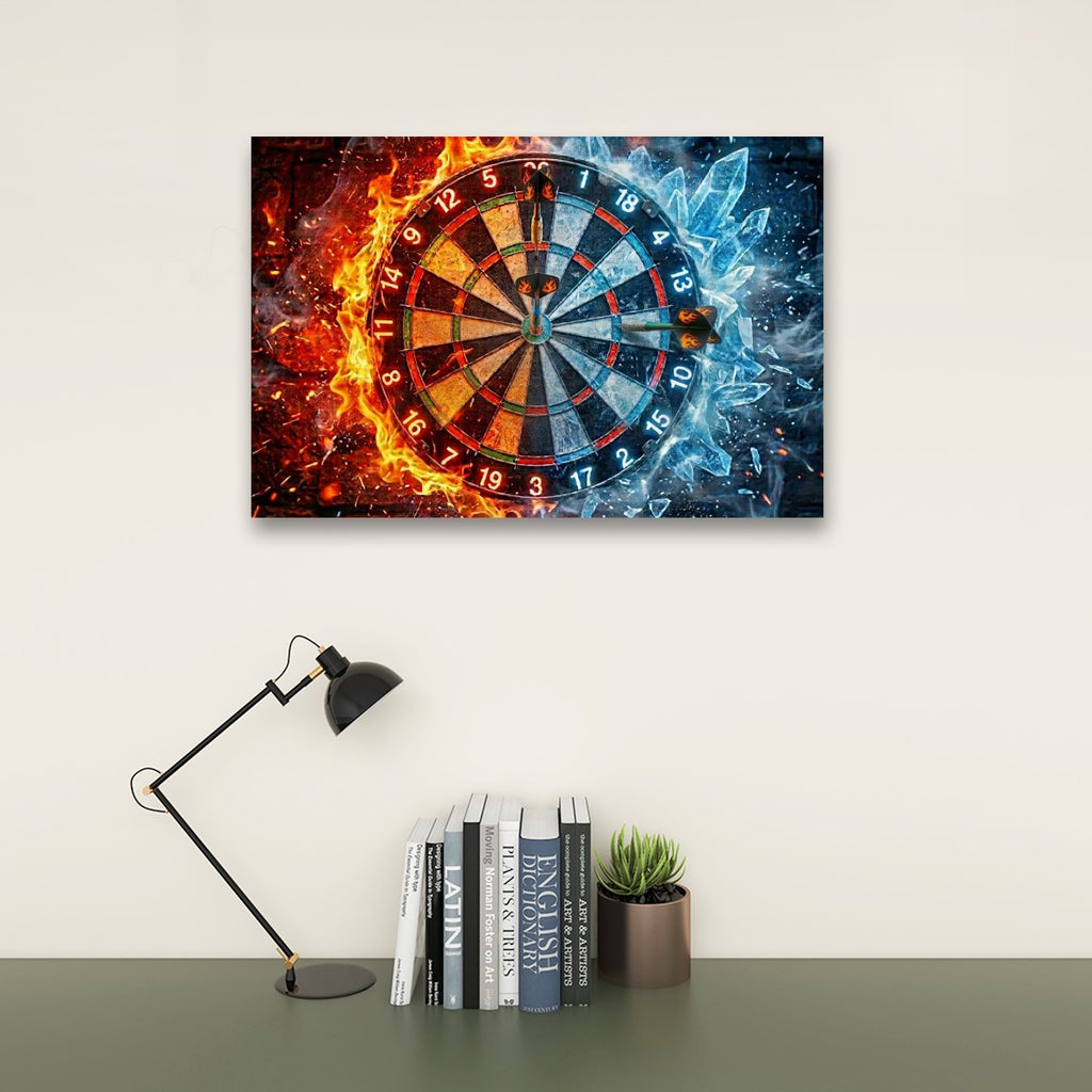A rectangular wall art print showing a dartboard split visually by fiery orange flames on the left and icy blue frost on the right, displayed above a desk with a black lamp, books, and a small succulent against a light wall.